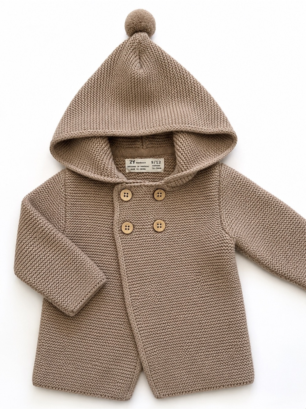 ZY Baby Knit Hooded Coat with Pom Pom - Taupe